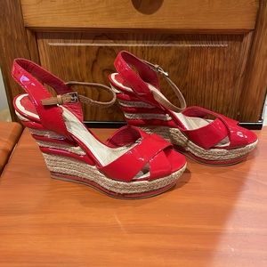 Christian Dior Red Patent Leather Platform Espadrille Wedge Sandal Size …